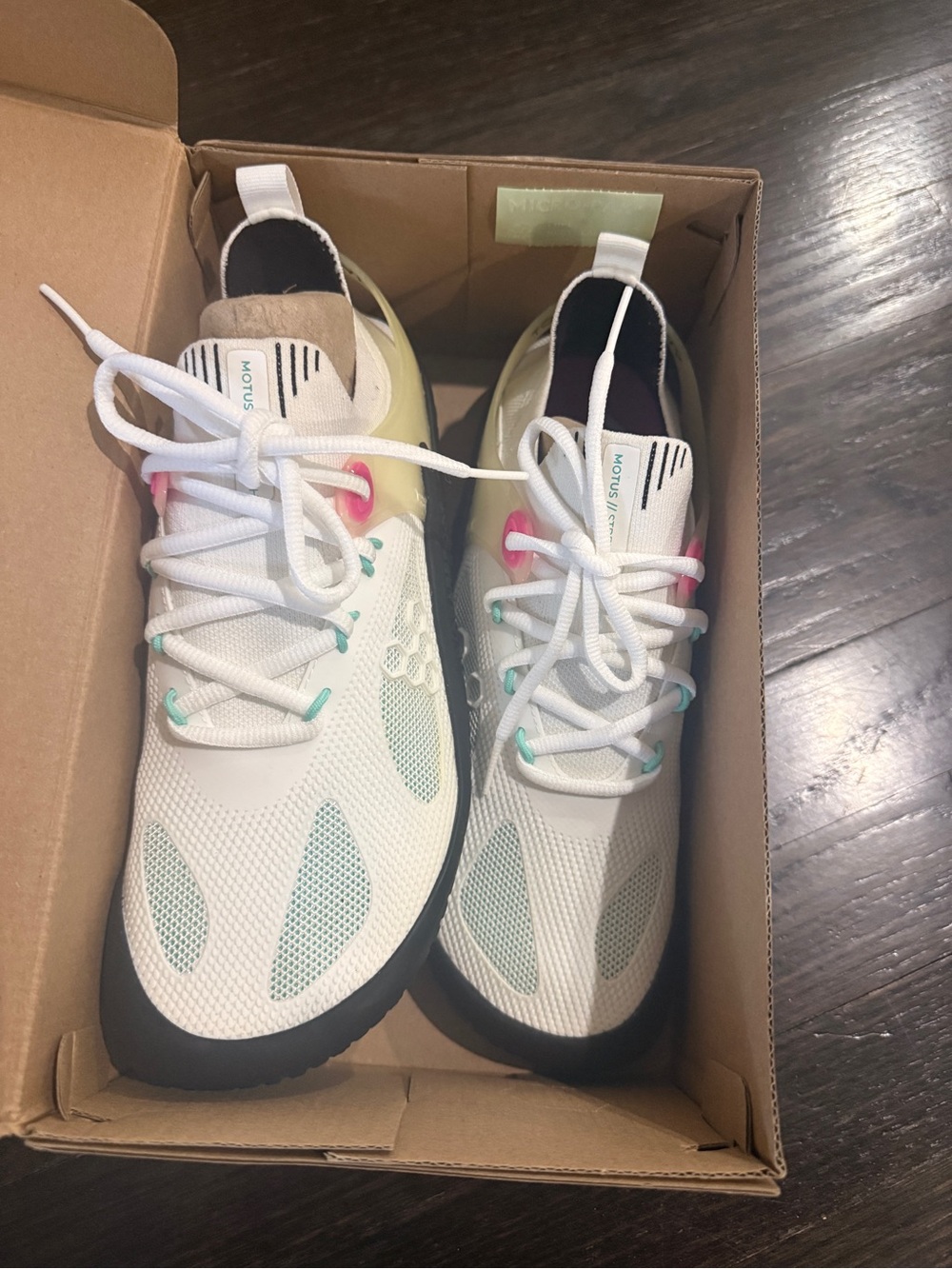 Vivo Barefoot White Mesh Sneakers with Mint and Pink Accents